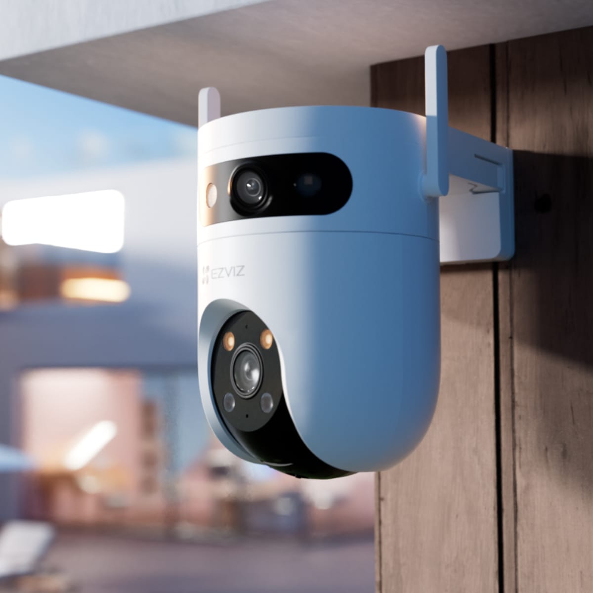 EZVIZ-H9c-Dual-lens-PT-WiFi-camera-installed-on-wooden-fence