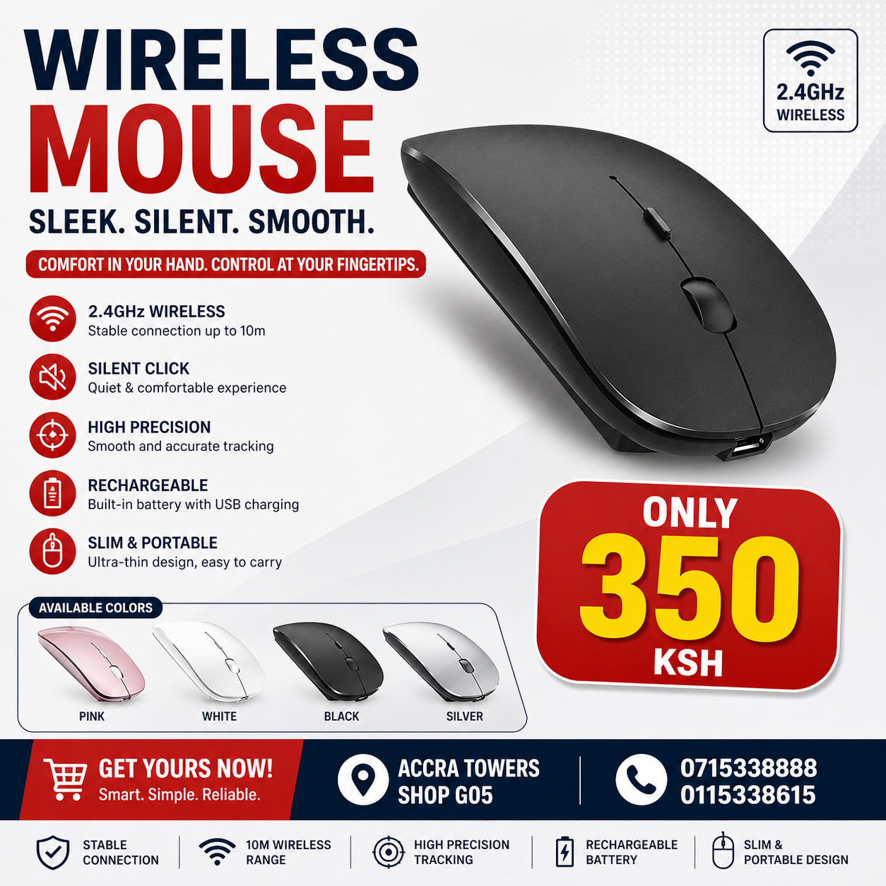 Rechargeable Wireless Mouse – Long Battery Life & Silent