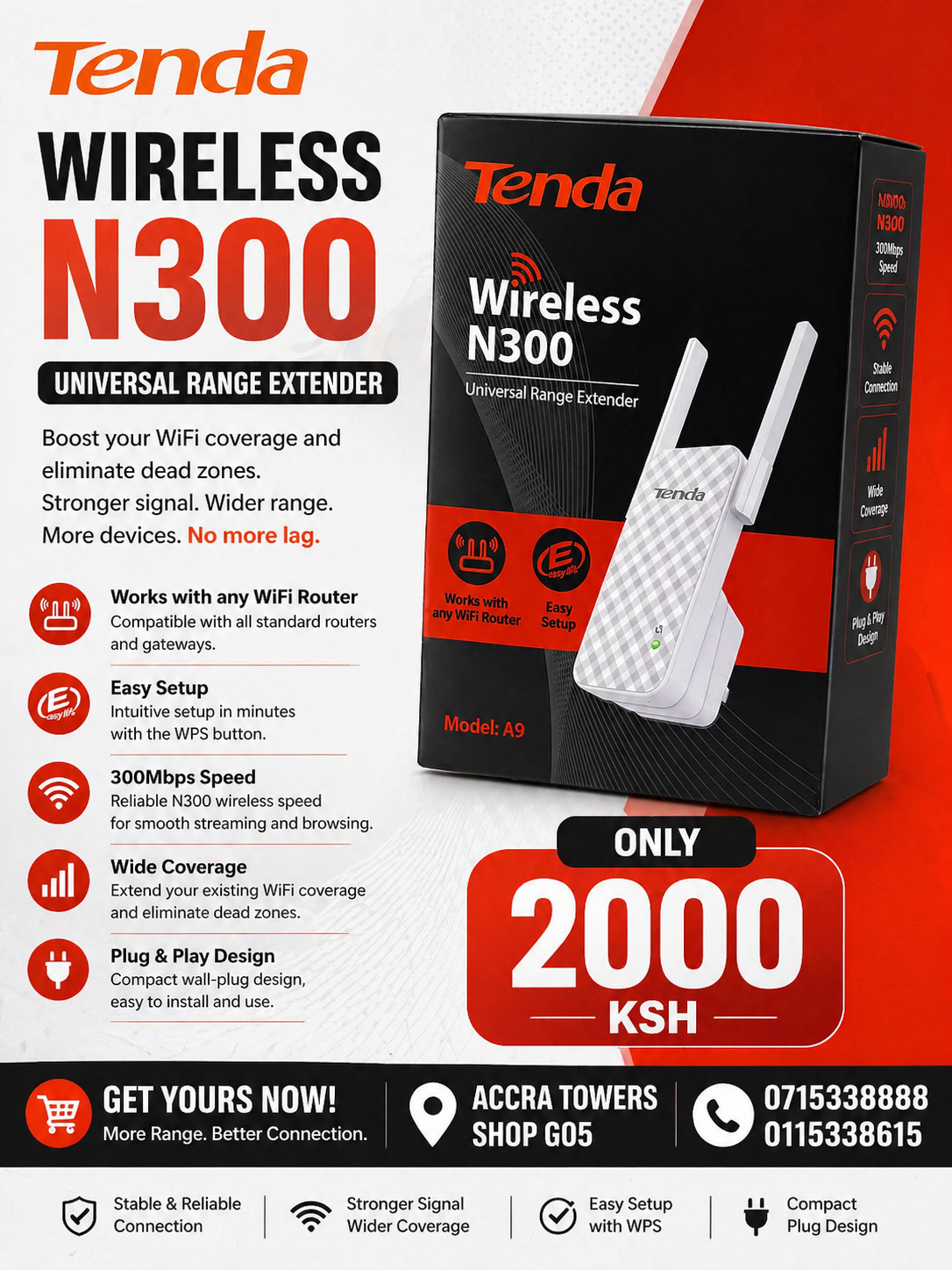 Tenda A9 Wireless N300 Universal WiFi Range Extender | Signal Booster with Easy Setup